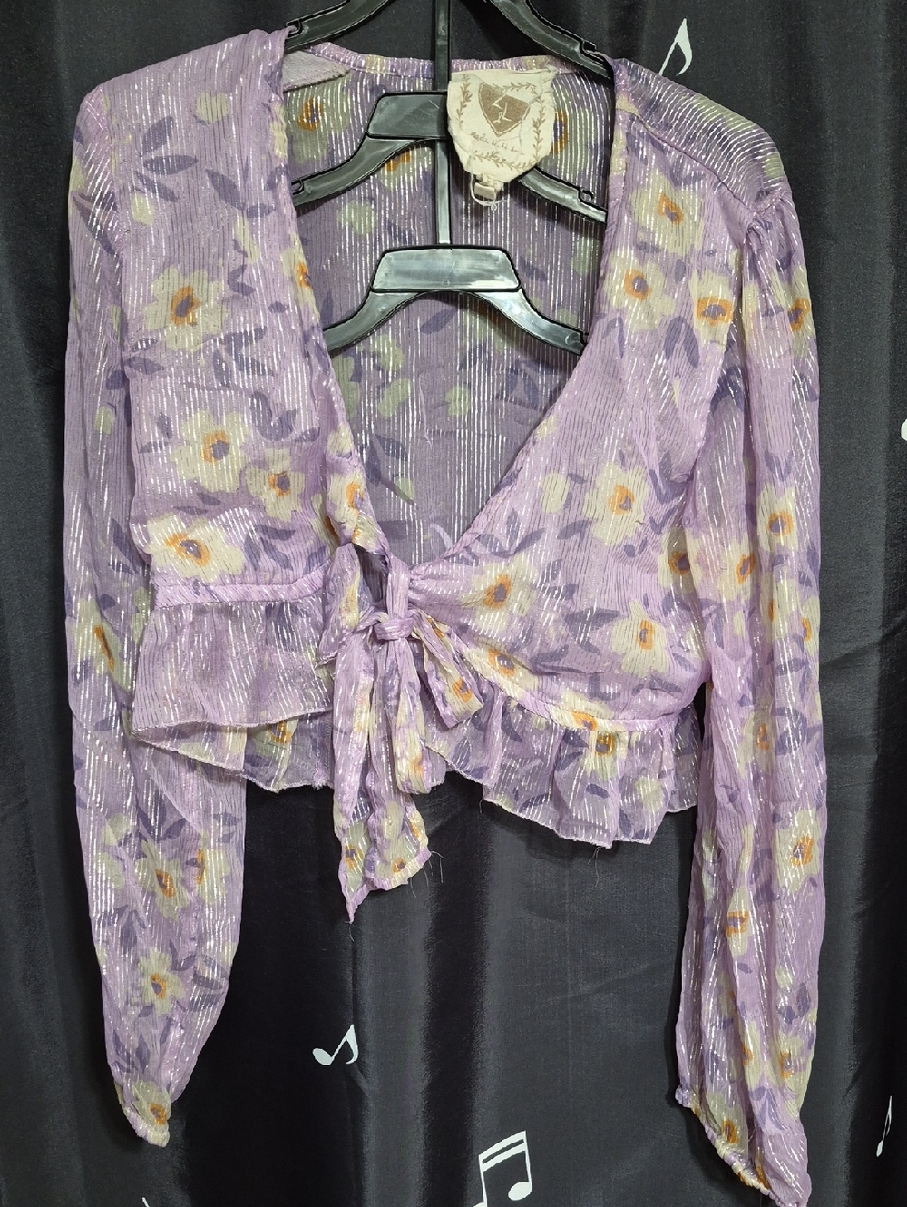 Lilac Floral Tie-Front Sheer Blouse